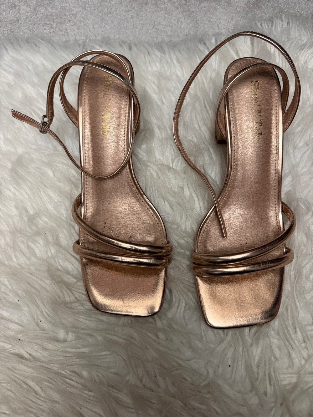 Metallic Rose Gold Strappy Block Heel Sandals
